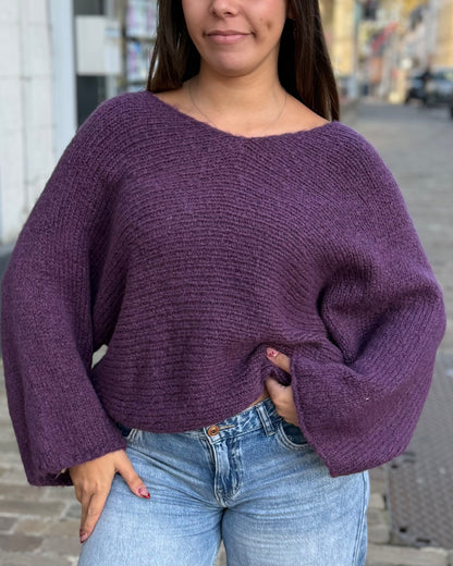 Pull chauve souris col V violet 34 à 44
