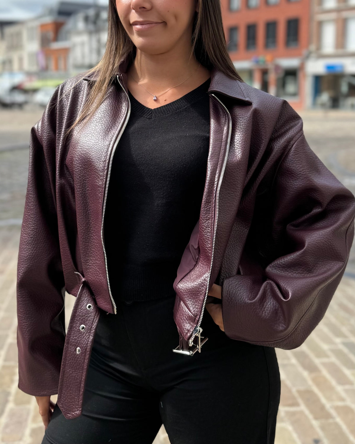 Veste bomber bordeaux en simili cuir pour femme