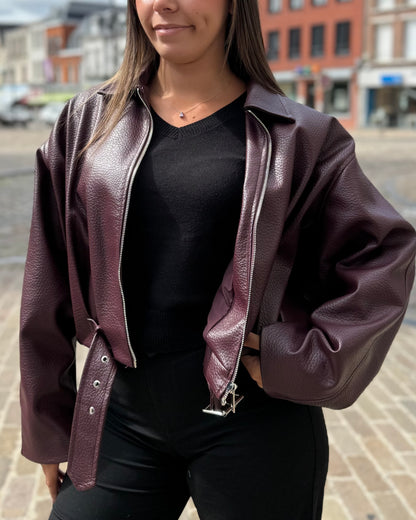 Veste bomber bordeaux en simili cuir pour femme