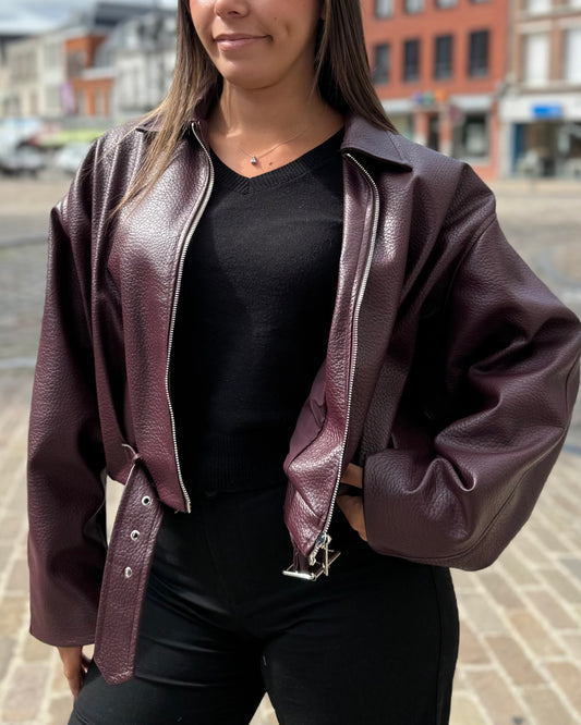 Veste bomber bordeaux en simili cuir pour femme