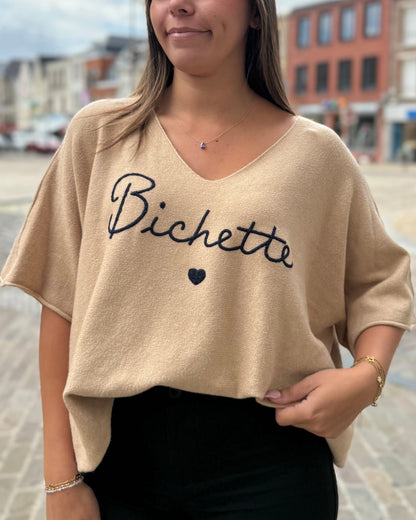 Pull beige femme avec inscription Bichette et cœur brodé