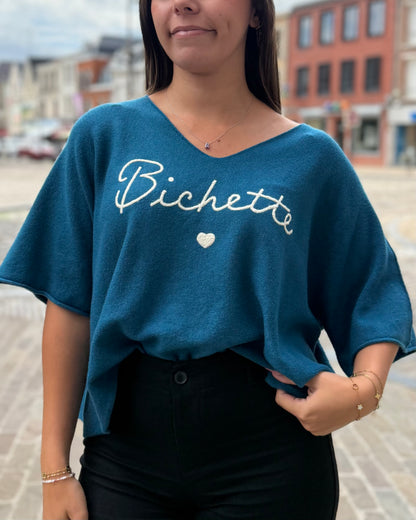 Pull bleu canard femme avec inscription Bichette et cœur brodé
