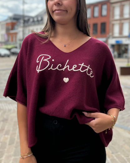Pull bordeau femme avec inscription Bichette et cœur brodé