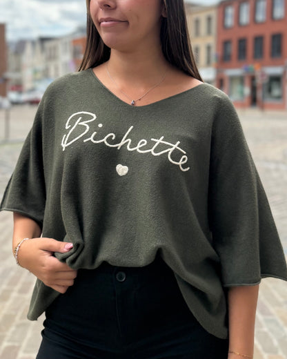 Pull kaki femme avec inscription Bichette et cœur brodé