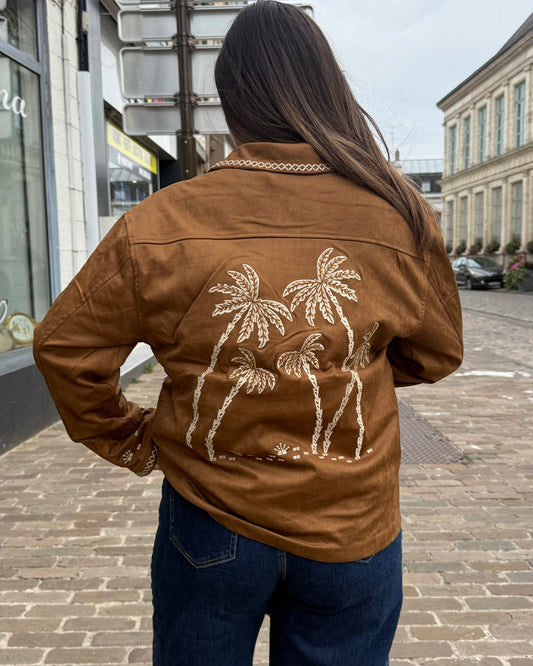 Veste marron femme vue de dos avec broderies palmiers